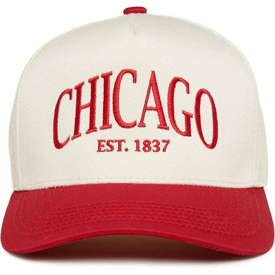 The Funky Junque 2-Tone Embroidered Cap - Chicago - Red/Beige features bold red "CHICAGO" and "EST. 1837" embroidery on the front, a retro cream and red design, and an adjustable snap back for a comfortable fit.