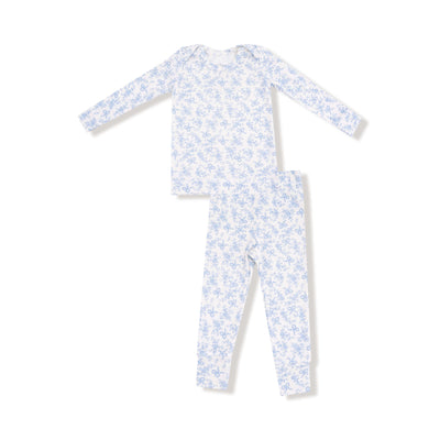 The Romi Floral Loungewear Set by Angel Dear features a cozy long-sleeve top and matching pants with a light blue floral print on white, displayed against a white background.
