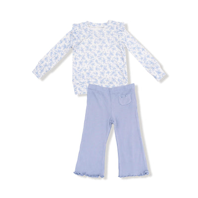 The Romi Floral Ruffle Shoulder Rib Shirt & Waffle Flare Pants by Angel Dear features a long-sleeve white floral top and comfy light blue waffle flare pants with a front pocket and ruffled hems.