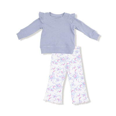 The Ribbon Floral Fling Ruffle Shoulder Shirt and Flare Pant set by Angel Dear features a light purple ruffle shoulder shirt with pastel floral ribbed flare pants and ruffled hems.