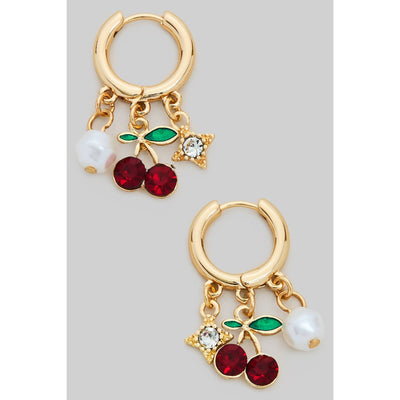 cherry and pearl gold huggie earrings