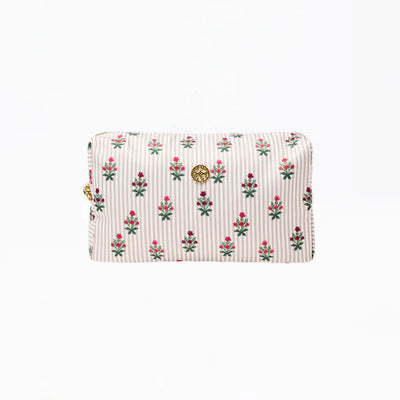 The Let's Face It Cosmetic Travel Bag in Cottage Stripes by Mary Square features a cream and beige striped background with pink and green florals plus a gold emblem—perfect for your beauty collection.