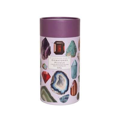 The 123 Farm Gemstones Puzzle – 500 Pc Tube with Vintage Illustrations comes in a cylindrical purple container and features vibrant gemstone and mineral artwork, making it perfect for collectors and enthusiasts.