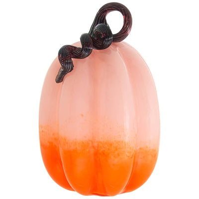 The Large Ombre Pink & Orange Glass Pumpkin by Boston International features a gradient from light pink to bright orange, topped with a dark, twisted glass stem and an elegant curling vine.