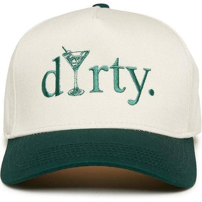 The Funky Junque 2-Tone Embroidered Cap - Dirty - Green/Beige features "dirty" with a martini glass "i," a white and dark green retro look, and an adjustable snapback for a custom fit.