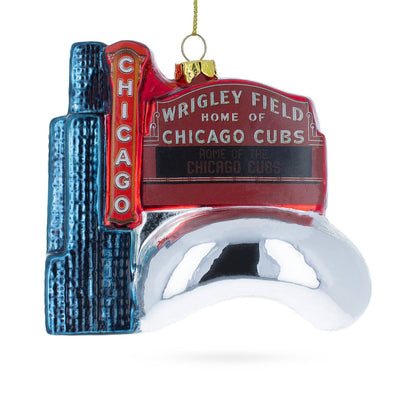 The BestPysanky Chicago Attractions Glass Ornament is a hand-painted Christmas decoration shaped like Wrigley Field’s marquee, featuring "Wrigley Field Home of Chicago Cubs" and iconic Chicago landmarks such as Willis Tower and Cloud Gate.