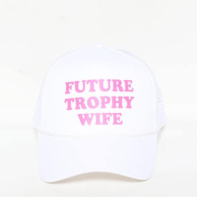 The Judson & Company Future Trophy Wife Trucker Hat in white features pink front text, is made from 100% cotton, and has a snapback closure for a comfortable, one-size-fits-most fit.