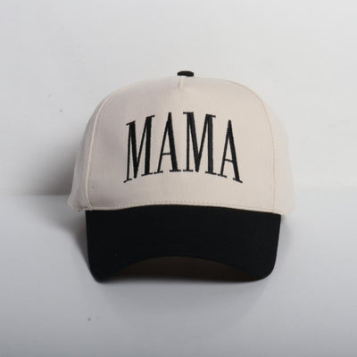 The Judson & Company MAMA Embroidered Two Tone Baseball Cap - Black features bold "MAMA" text, a snap back closure, one-size-fits-most design, and is crafted from 100% cotton in beige and black.