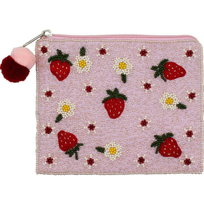 The Flowers & Strawberries Beaded Coin Purse by Judson & Company is a pink cotton pouch with beaded strawberries and daisies, featuring a lined interior, zipper closure, and red and pink pompom pulls on a pearly beaded background.
