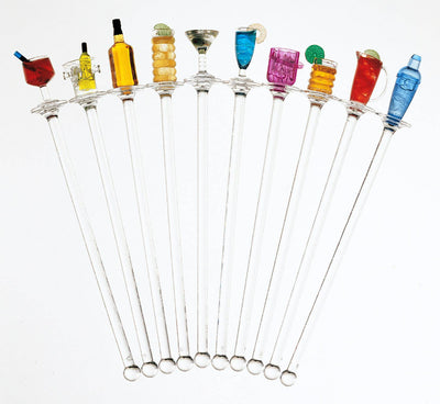 The Prodyne Happy Hour Swizzle Sticks set includes 10 clear glass sticks, each topped with a colorful miniature cocktail or bottle—perfect bar accessories for adding fun detail to your drinks.