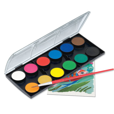 A 12-color Faber-Castell watercolor set displays vibrant hues like yellow, blue, red, and green. A red paintbrush lies on the orange pan. Below this kid-friendly Creativity for Kids set is a partly painted colorful parrot image.