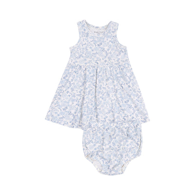 Angel Dears Blue Calico Floral Ribbed Tank Dress and Bloomers for baby girls features a blue floral pattern on a white background. Perfectly displayed flat on a plain white backdrop, it includes matching bloomers that enhance its curated artistry.