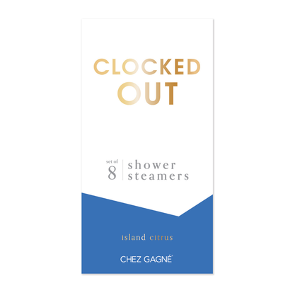 The Chez Gagné Clocked Out - Shower Steamers Set includes 8 aromatherapy steamers in gray and vibrant island citrus (orange). Packaged in white and blue with gold accents, the brand appears in crisp white at the bottom. Infused with essential oils.