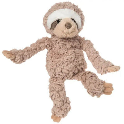 The Putty Nursery Sloth by Mary Meyer is a plush toy crafted from luxurious textured fabric. Its light brown body, darker eye spots, and white face exude cozy charm. With long limbs and a relaxed look, it embodies both playfulness and comfort.