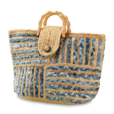 The Judson & Company Braided Jute & Denim Tote Bag features blue and beige stripes, rounded bamboo handles with a comfy drop, secure snap closure, and is beautifully crafted in India.