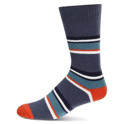 The Men's Stripe Buttersoft Cozy Crew Socks by Infinity Classics International Inc. feature a navy base with white, orange, light blue, and dark blue stripes, orange toe and heel, plus a ribbed cuff for comfort—a perfect pick for any occasion.