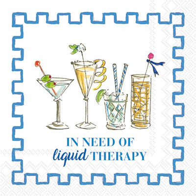 The Boston International Paper Cocktail Napkin Pack of 20 features Rosanne Beck’s “Liquid Therapy” design: four illustrated cocktails with garnishes, blue border, and text reading IN NEED OF liquid THERAPY beneath the drinks.