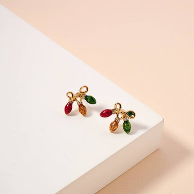 The Frem Christmas Lights Stud Earrings feature gold-toned studs with festive red, green, and orange teardrop charms—perfect holiday jewelry to brighten any celebration.
