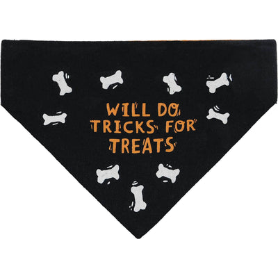 The Tricks/Happy Howloween Large Collar Bandana by Primitives by Kathy is a black cotton linen scarf with white cartoon bones and orange Will do tricks for treats text—perfect for festive pups this Halloween.