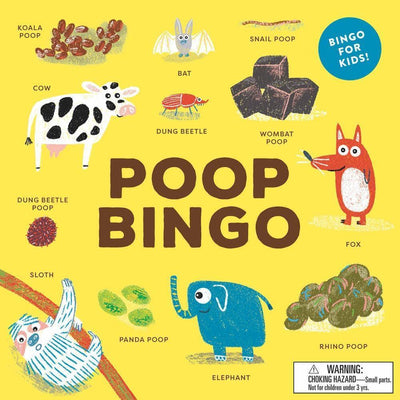 Poop Bingo by Chronicle Books features a colorful yellow cover with cartoon animals and their poops—cow, bat, wombat, panda, elephant, and more. A blue “Bingo for Kids!” badge highlights this fun family board game.