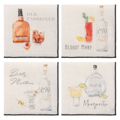 The Karma Speakeasy Linen Cocktail Napkins set includes four elegant napkins, each featuring a chic watercolor-style illustration and ingredients of classic drinks: Old Fashioned, Bloody Mary, Dirty Martini, and Margarita.