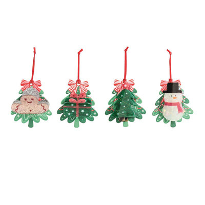 Four festive Holiday Hair Claw Clips by Mud Pie—Santa, present, stars, and snowman designs—each with a red and white bow. Perfect for gifting or wearing during the holidays, presented on a cheerful display card.