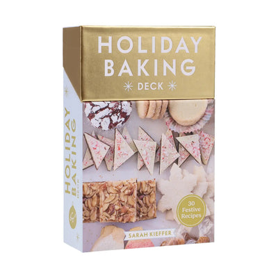 The Holiday Baking Deck by Chronicle Books features 30 festive holiday baking recipes. This gold and white recipe card deck showcases tempting photos of Christmas desserts and treats on the cover.