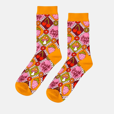 Yellow Owl Workshop’s F*ck Off Retro Crew Socks - Small feature a diamond pattern with hearts, flowers, “fuck off” in red and pink on white, orange cuffs, reinforced heel/toe, and are crafted with ethical production practices.