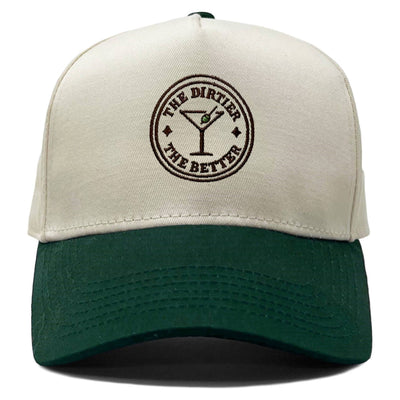 The Funky Junque Two Tone Cap - The Dirtier the Better (Green/Beige) features a retro design with an embroidered martini glass and olive logo, circular "THE DIRTIER THE BETTER" text, and an adjustable snap back closure.