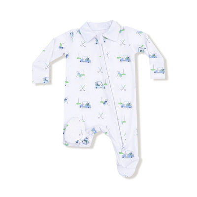 The Baby Golf Carts Polo Two-Way Zipper Footie by Angel Dear features a collar, diagonal 2-way zipper, grippy footies, and a fun golf-themed print. Made from soft bamboo viscose for your baby's comfort.