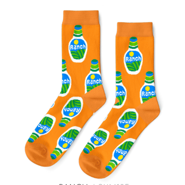 Yellow Owl Workshop Ranch Socks - Large: Bright orange cotton crew socks for men with a fun ranch dressing bottle design, crafted ethically—ideal for mens large sizes.