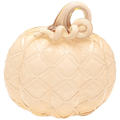 The Boston International 7.5 Round Butter Diamond Glass Pumpkin features a quilted pattern and curled light beige stem, crafted from quality glass and measuring 7.5 L x 7.5 W.