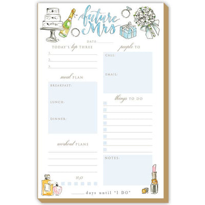 RosanneBeck Collections Handpainted Future Mrs with Bridal Icons Luxe Large Notepad features quality card stock, bridal-themed illustrations, daily plans, meal plan, workout, to-do list, notes, and a wedding countdown. Made in the USA.