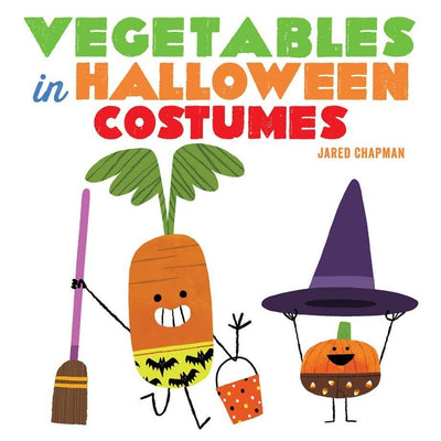 Abrams Vegetables in Halloween Costumes (Board Book) cover shows a carrot as a bat with a broom and a pumpkin in a purple witch hat holding a treat bucket.