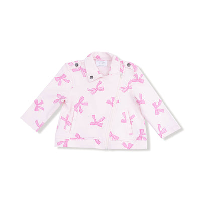 The French Terry Pretty Bows Motorcycle Jacket by Angel Dear features long sleeves, silver collar buttons, an asymmetrical zipper, and a soft pink bows print on French Terry fabric. Shown laid flat on a white background.