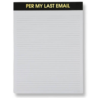 The Chez Gagné Per My Last Email Large Memo Notepad features a black header with bold yellow text and blank, lined pages—ideal for notes or reminders.