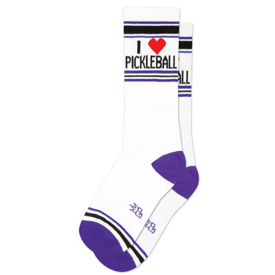 Gumball Poodles I ❤️ Pickleball Gym Crew Socks are unisex, featuring purple accents on the toes and heels, black stripes at the tops, and I ♥ PICKLEBALL in bold black and red lettering on white fabric.