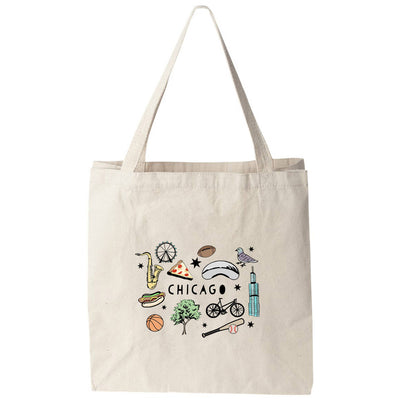 Carry your city pride with the Moonlight Makers Colorful Chicago Collage Tote Bag—a durable beige pure cotton tote featuring “CHICAGO” below vibrant illustrations of a pizza slice, hot dog, saxophone, Ferris wheel, and more.