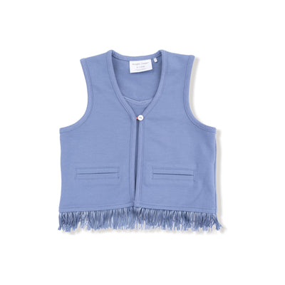 The French Terry Western Fringe Vest by Angel Dear is a light blue, sleeveless vest made from organic cotton with a top button, two small front pockets, and western fringe at the hem. Pictured flat on a white background.