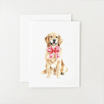 golden retriever in heart bow card