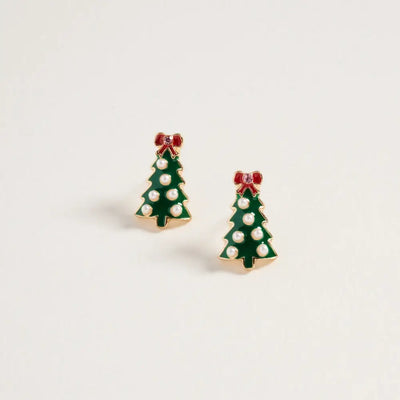 The Golden Stella Enamel Christmas Tree Earrings with Pearl Ornaments feature green enamel, faux pearls, and red bows, crafted from zinc in China and beautifully displayed on a plain white background.