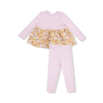 The Sweet Amber Floral Long Sleeve Knit Top with Legging Set by Angel Dear, shown laid flat on a white background, features a pink ribbed knit top with floral ruffle and matching pink leggings.