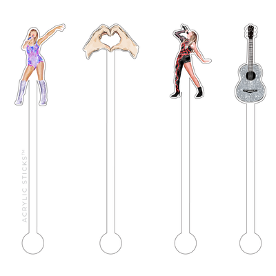The XO ACRYLICS | ACRYLIC STICKS Tay Tay Swift Acrylic Stir Sticks Combo features four reusable acrylic stirrers—women in purple, hands forming a heart, a woman in red and black, and a silver glitter guitar—for fun, eco-friendly cocktails.