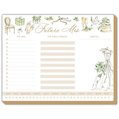 The Future Mrs. Bridal Icons Luxe Planner by RosanneBeck Collections includes 25 gilded-edge sheets with To Do, To Call/Email, and Notes, plus bridal icons and a Jan-Dec calendar. Made in USA.