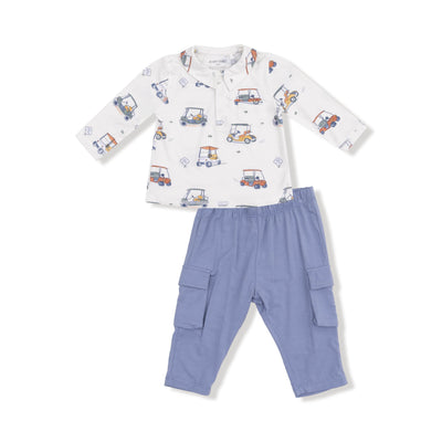 The Angel Dear Zooming Golf Carts Polo with Cargo Pants is a two-piece toddler outfit featuring a long-sleeve white shirt with colorful car prints and light blue cargo pants with side pockets, perfect for comfort and style. Displayed on a white background.