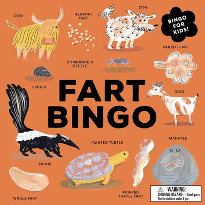 Fart Bingo by Chronicle Books is an illustrated bingo card featuring playful animal drawings like cow, dog, and turtle, each labeled with a fart type. Great for family fun and quirky animal facts. Warning: small parts included.