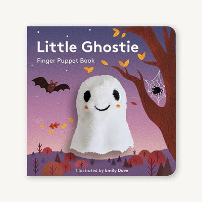 Cover of Little Ghostie: Finger Puppet Book by Chronicle Books, featuring a smiling plush ghost finger puppet, a bat, a spider in its web, and autumn trees beneath a purple sky. Illustrated by Emily Dove.