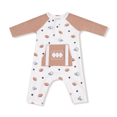 The Angel Dear Footballs and Stars Raglan Henley Waffle Knit Romper features long raglan sleeves, a white body with footballs and stars print, a front football pocket, and snap buttons at the collar.