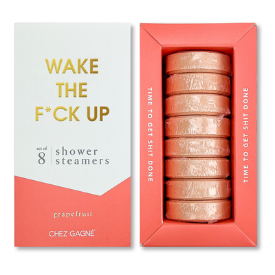 Chez Gagné’s Wake The F*ck Up Aromatherapy Shower Steamers—Grapefruit scent—come in a set of 8 peach-colored, essential oil-infused vegan steamers with packaging that says, “Time to get shit done.”.