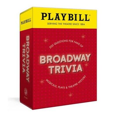 Playbill Broadway Trivia by Penguin Random House LLC is a colorful musical theater game with 200 questions for fans, packaged in a vibrant yellow and red box with bold, sparkly accents.